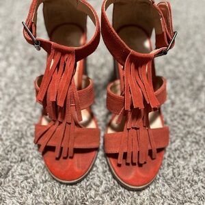 Sole Society Suede Orange Fringed Heeled Sandals